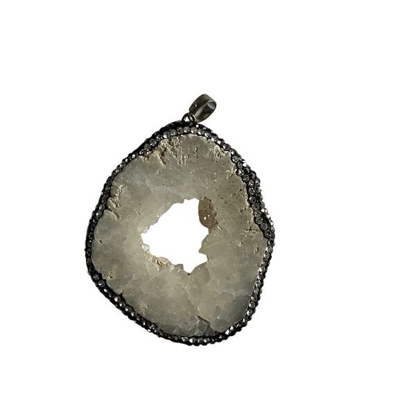 White Druzy Agate Geode Pendant CZ Rhinestone Pave - Picture 1 of 3